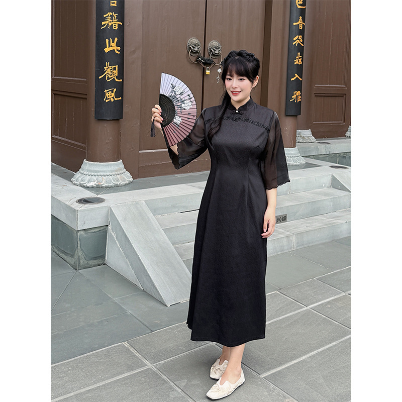 赫本风气质新中式国风立领连衣裙2025女夏季新款收腰显瘦大码旗袍