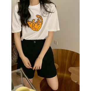 T恤女宽松百搭潮流印花圆领打底半袖 卡通小老虎纯棉短袖 上衣内搭