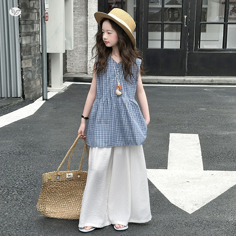 女童夏装休闲套装2025新款无袖格子上衣裙裤两件套中大童薄款洋气，商品下架区商品下架区，祺儿童装