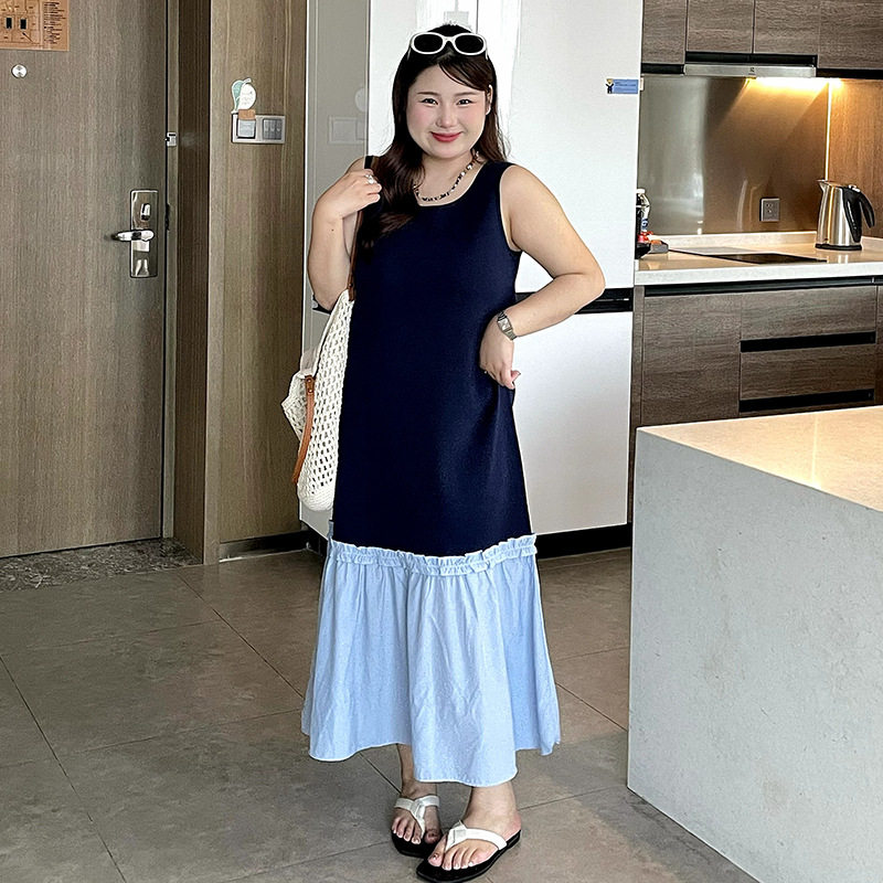 乃粒23896大码女装拼接背心裙女圆领连衣裙2026春胖mm显瘦针织裙