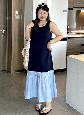乃粒23896大码女装拼接背心裙女圆领连衣裙2026春胖mm显瘦针织裙