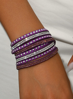 跨境新款欧美流行手串女镶钻小皮革链条小众波西米亚手链创意手镯