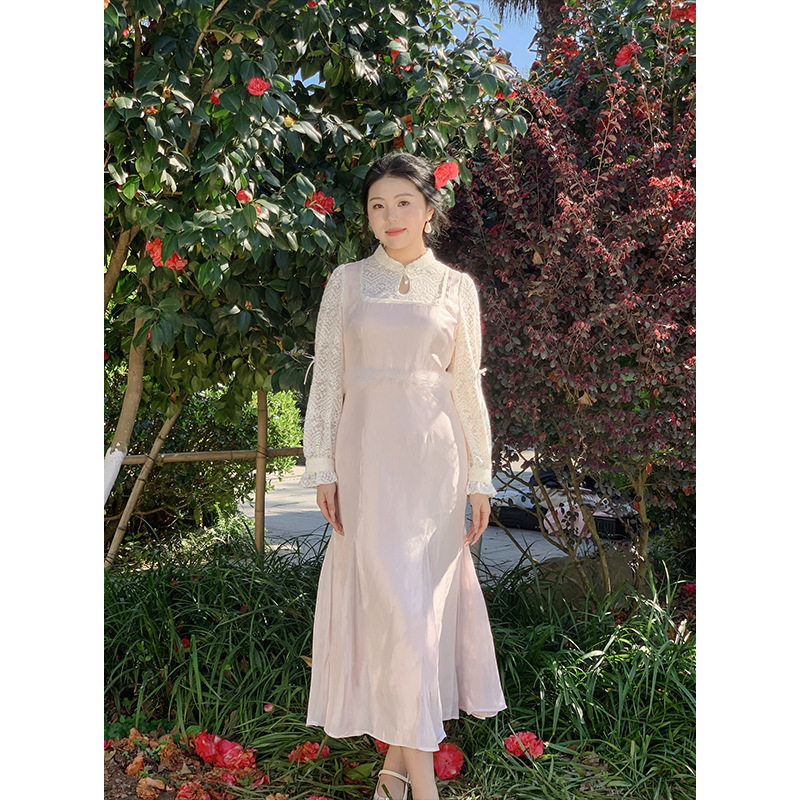 冬季新款2026韩版温柔气质假两件蕾丝拼接鱼尾裙珠光大码连衣裙潮