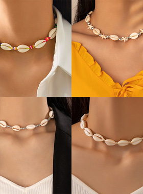 跨境海边度假系列串珠项链沙滩海星贝壳项饰 复古椰树扇贝项链女