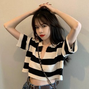 上衣 法式 气质V领腰撞色条纹短袖 t恤女设计感小众冰丝针织衫 短款