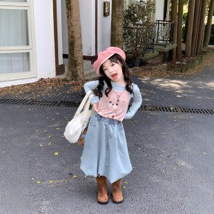 韩国版2025秋季女童卡通小熊长袖打底衫两件套宝宝时髦牛仔花苞裙