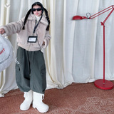 女童加绒套装2025年秋冬新款翻领毛毛外套工装阔腿裤两件套中大童，童装休闲套装，祺儿童装