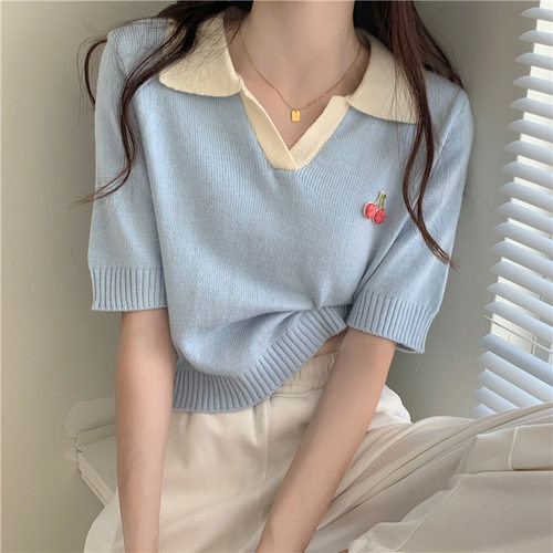 2023夏季Polo翻领短袖新款针织衫女小众设计独特立体樱桃刺绣上衣