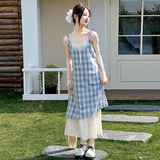 女童蓝色格子吊带裙连衣裙2025新款夏季假两件海边穿搭度假长裙子，商品下架区，祺儿童装
