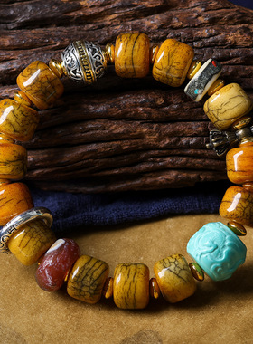 藏饰牛骨炸裂纹桶珠手串菱镁矿松石龙珠佛珠手链民族风饰品