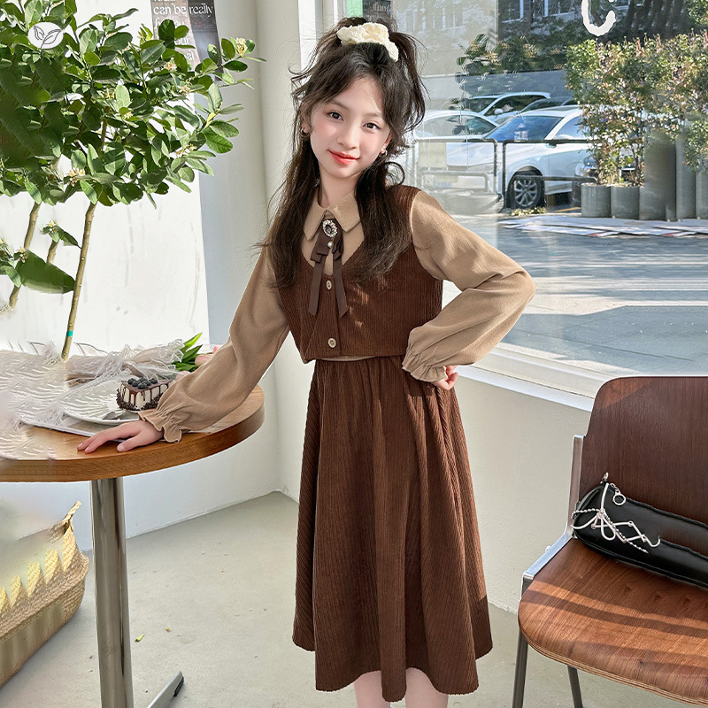 女童学院风连衣裙2025年秋季新款中大童假两件A字长裙时髦春秋装，童装连衣裙，祺儿童装