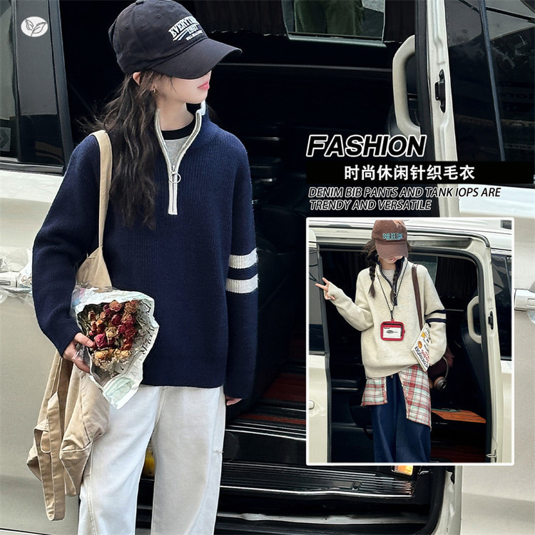 女童半领毛衣2025秋冬儿童半拉链针织衫中大童休闲拼色毛线衣潮，童装毛衣，祺儿童装