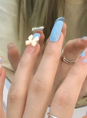 蓝色爱心蝴蝶结美甲假指甲穿戴甲可拆卸美甲贴片指甲贴片甲片贴