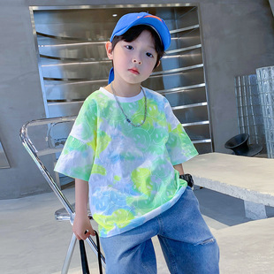 夏装 洋气男童短袖 中大童宽松上衣 2024年新款 潮牌扎染儿童T恤夏季