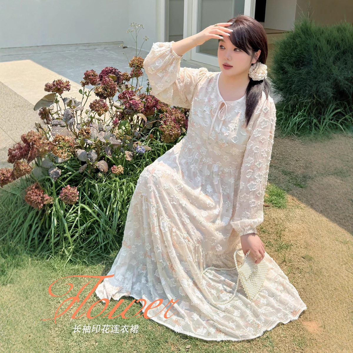 大码女装气质茶歇法式温柔长袖雪纺碎花连衣裙女士新款仙女长裙潮