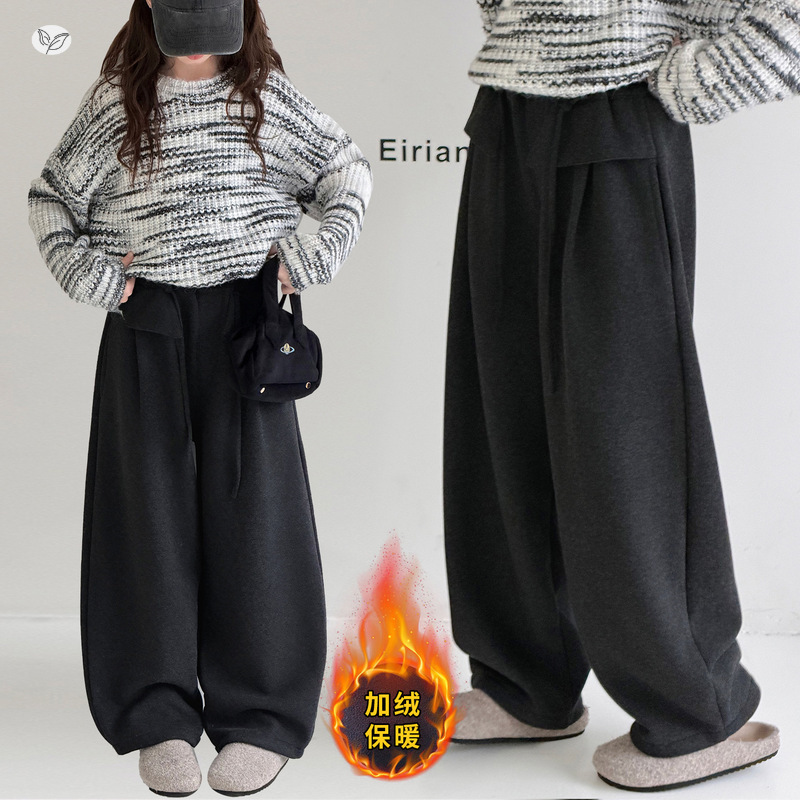 女童秋冬加绒裤子2025年新款腰口荷叶边阔腿裤中大童休闲弯刀长裤，童装裤子，祺儿童装