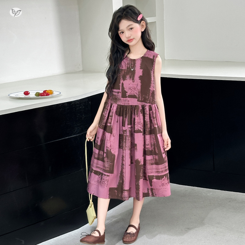 女童连衣裙2025夏季新款印花无袖背心裙中大童休闲中长裙轻薄时髦，童装连衣裙，祺儿童装