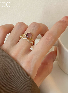 法式复古宫廷猫眼石传戒指女个性锆石双层小众开口食指戒E1122