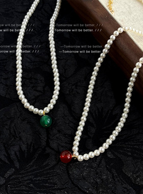 两色施家品质珍珠项链女法式复古轻奢风玛瑙锁骨链百搭气质颈链