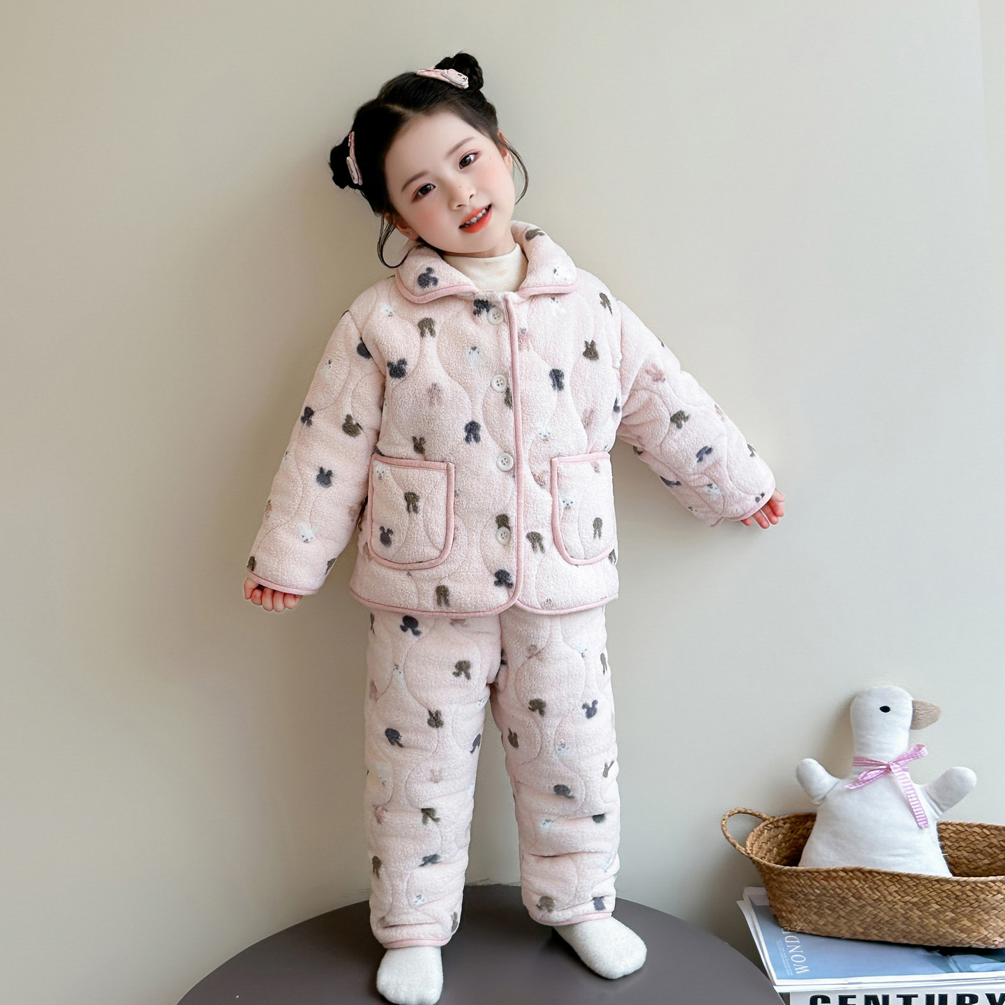 女童卡通加绒加厚保暖睡衣套装冬季2025新款儿童冬装家居服两件套，童装家居服（睡衣），祺妙童装