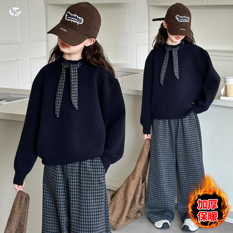 女童加绒加厚毛衣2025年秋冬新款格子领结针织衫中大童休闲打底衫，童装毛衣，祺儿童装