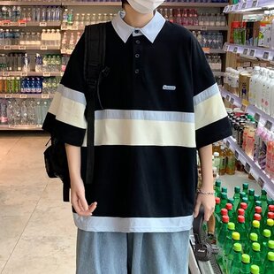 夏季新款港风条纹polo衫短袖潮流宽松青少年翻领半袖体恤衫潮