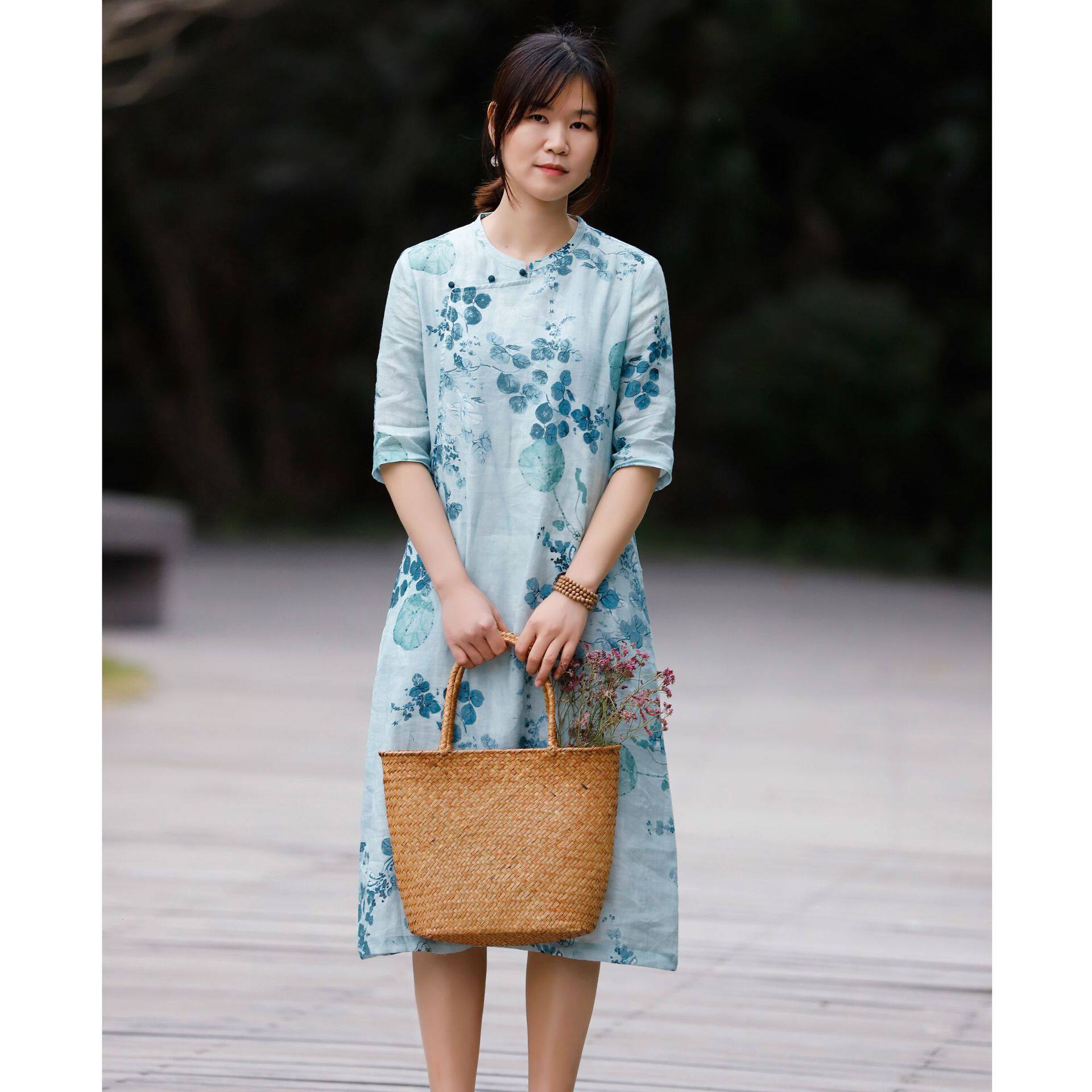 江南原创苎麻高端改良旗袍斜襟气质女装中式棉麻连衣裙复古裙子改