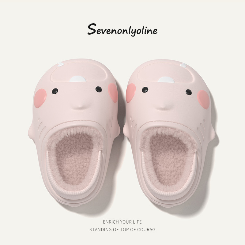 口水鲨棉拖鞋女童可爱秋冬新款户外轻便防滑防水保暖中小童毛毛鞋