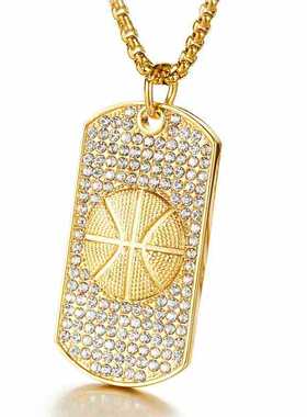 欧美时尚金色镶水钻飞人篮球运动吊坠男士嘻哈潮流百搭钛钢颈项链