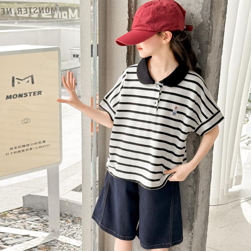女童polo衫短袖t恤套装2025新款夏季中大童宽松休闲卡通条纹半袖，童装T恤，祺妙童装