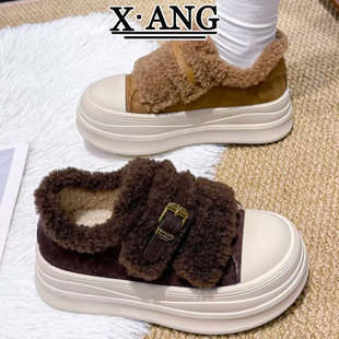 增高真皮魔术贴板鞋秋冬季加绒加厚保暖棉鞋羊羔毛毛鞋厚底女鞋子