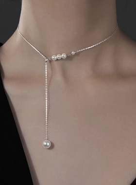 S925纯银项链女百搭新款女小众仿珍珠颈链ins风简约轻奢锁骨链