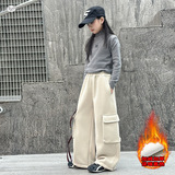 女童工装裤加绒2025年秋冬新款大口袋直筒卫裤中大童休闲直筒长裤，童装裤子，祺儿童装