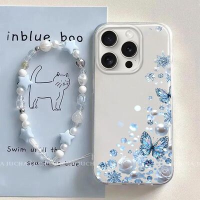 Pearl Butterfly Phone Case 适用 iPhone 17 Pro Max 16 15 14  Trendy Wrist Strap Cover Girls