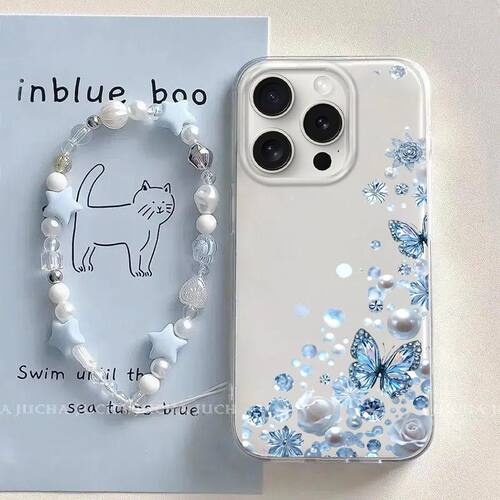 Pearl Butterfly Phone Case 适用 iPhone 17 Pro Max 16 15 14  Trendy Wrist Strap Cover Girls
