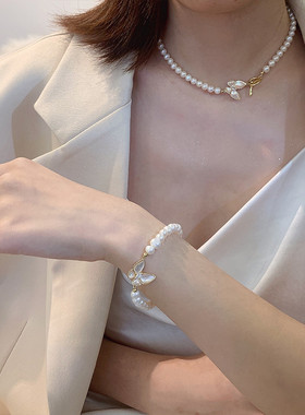 淡水珍珠贝母蝴蝶项链锁骨链巴洛克手链女时尚简约OT扣设计感颈链
