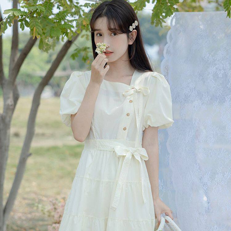 小个子学院风连衣裙女人复古夏天甜美蝴蝶结绑带女生收腰过膝裙子