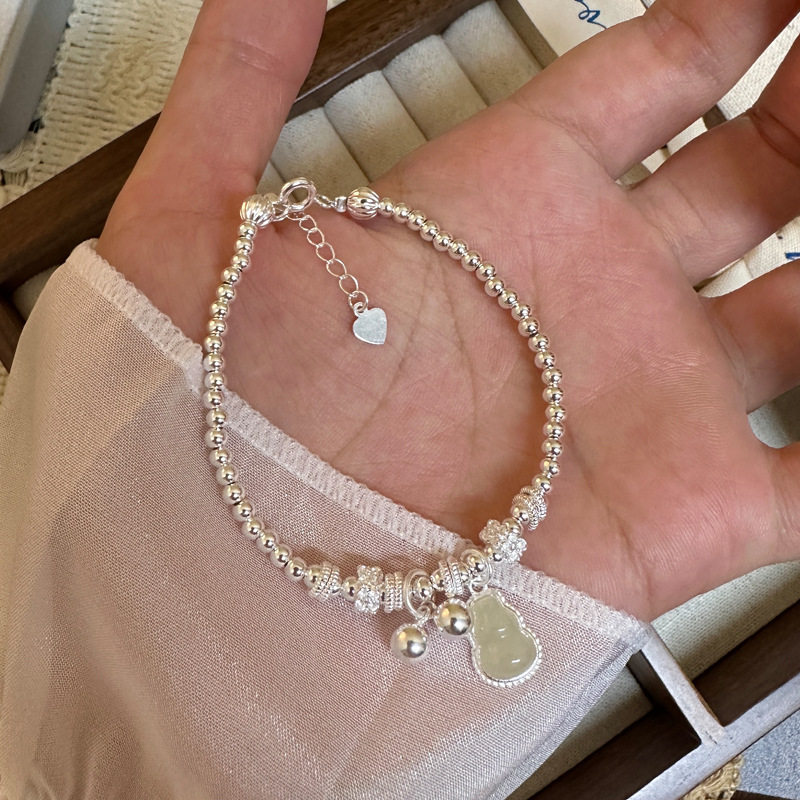 纯银手链 新款简约925和田玉葫芦铃铛配件银手链调节银