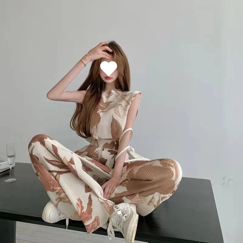 夏季套装女设计感百褶印花无袖背心+休闲拖地阔腿长裤两件套ins潮