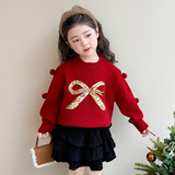 女童毛衣秋冬季2025新款洋气时髦儿童加厚冬装女蝴蝶结针织衫P75，童装毛衣，祺妙童装