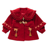 女小童外套秋冬款2025新款儿童加厚女冬季蝴蝶拜年服红色大衣P101，童装外套，祺妙童装