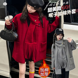 女童呢子大衣2025年冬季新款中大童韩系夹棉外套彩扣流苏围巾风衣，童装外套，祺儿童装
