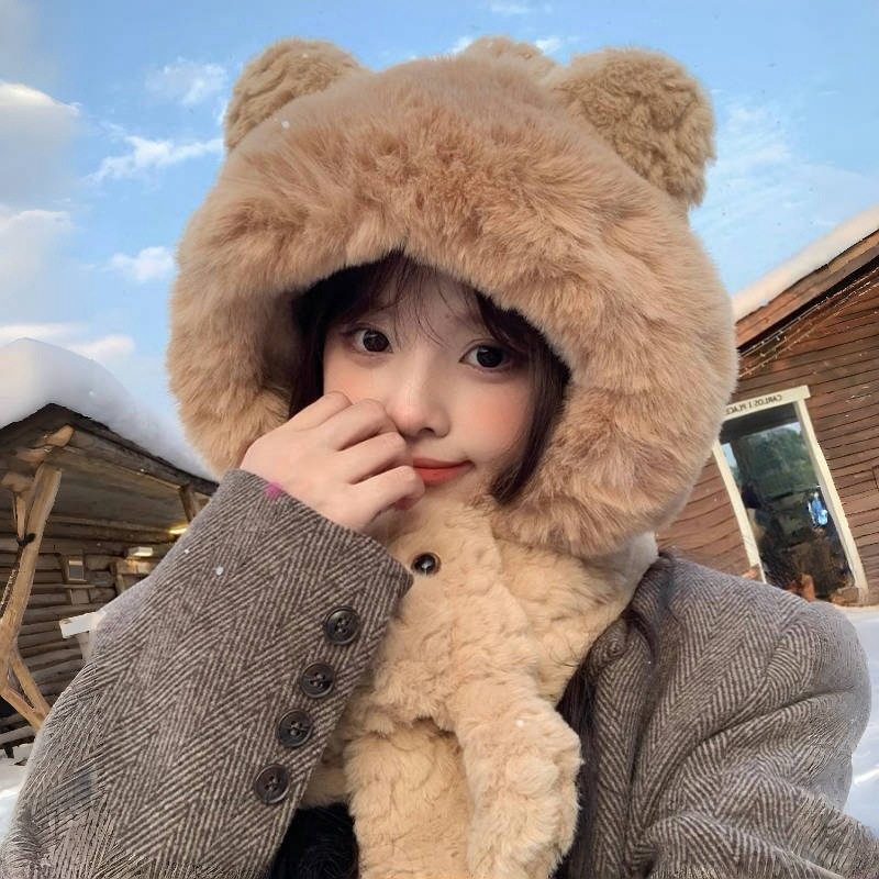 小熊耳朵帽子围巾一体女冬季保暖加绒加厚毛绒围脖雷锋帽冬季热销