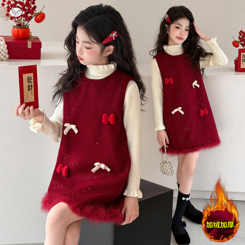 女童2025年冬季新款蝴蝶结加厚舒适衣服针织毛呢打底衫套装拜年服，童装连衣裙，祺儿童装