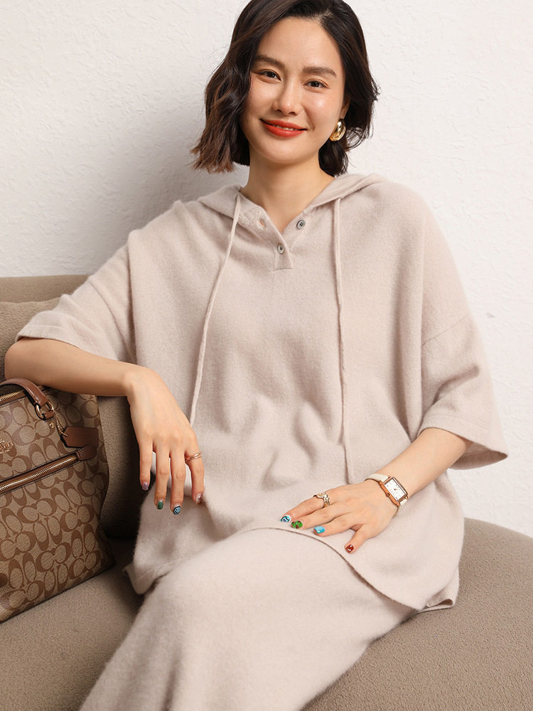 山羊绒针织衫23秋冬新款韩版连帽半袖T恤女宽松薄毛衣女打底 帽衫