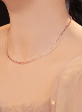 小方糖天然粉碧玺项链女仙气小众轻奢粉色串珠超闪石甜美锁骨链