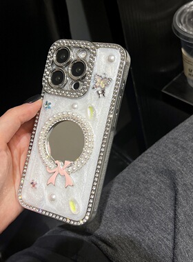 蝴蝶结镜子满钻滴胶适用苹果16promax手机壳15电镀1314时尚外壳