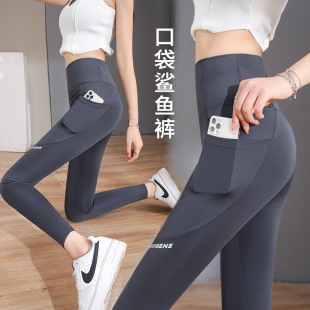 口袋鲨鱼裤字母打底裤女户外穿春秋新款运动紧身弹力芭比裤瑜伽裤