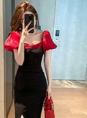 订婚礼服裙2025夏季新款女装法式泡泡袖修身显瘦开叉连衣裙30117