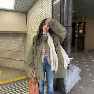 ownmood现H26纯棉立领中长款复古绿色风衣女水洗做旧bf风工装外套